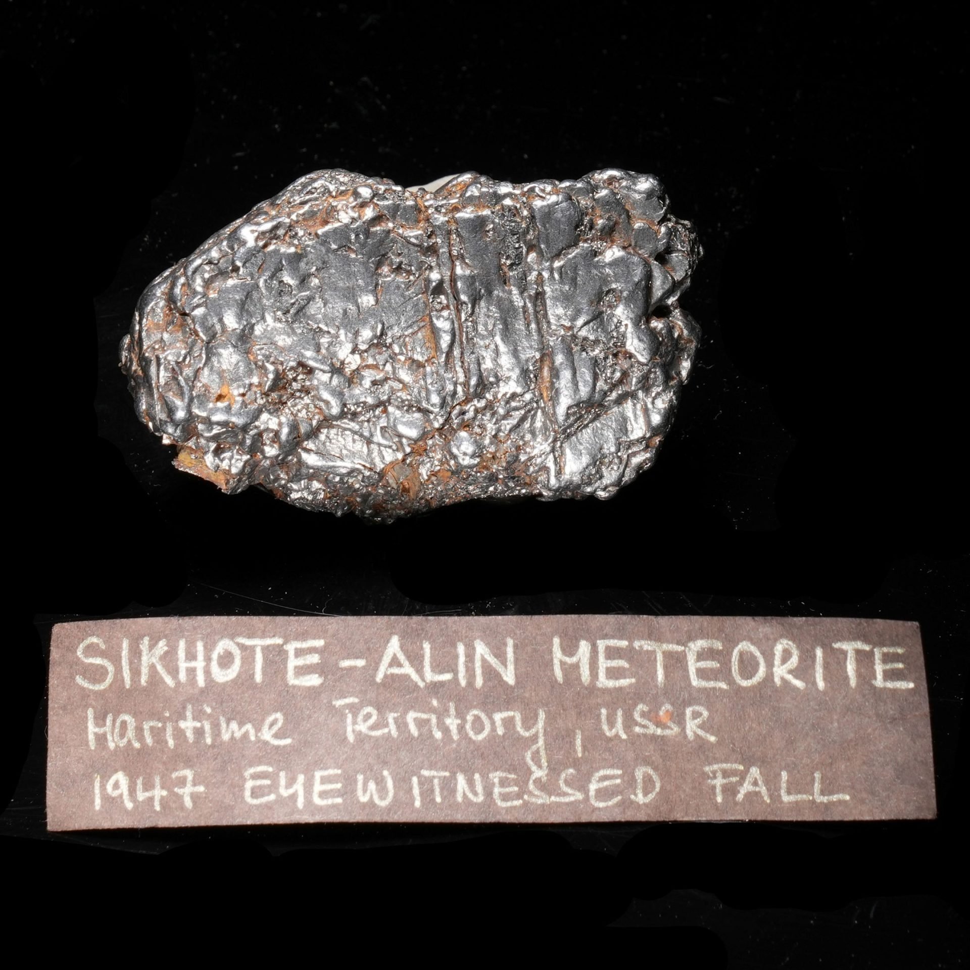 A metallic Sikhote-Alin meteorite, silver with hints of rust, shown with its identifying label.