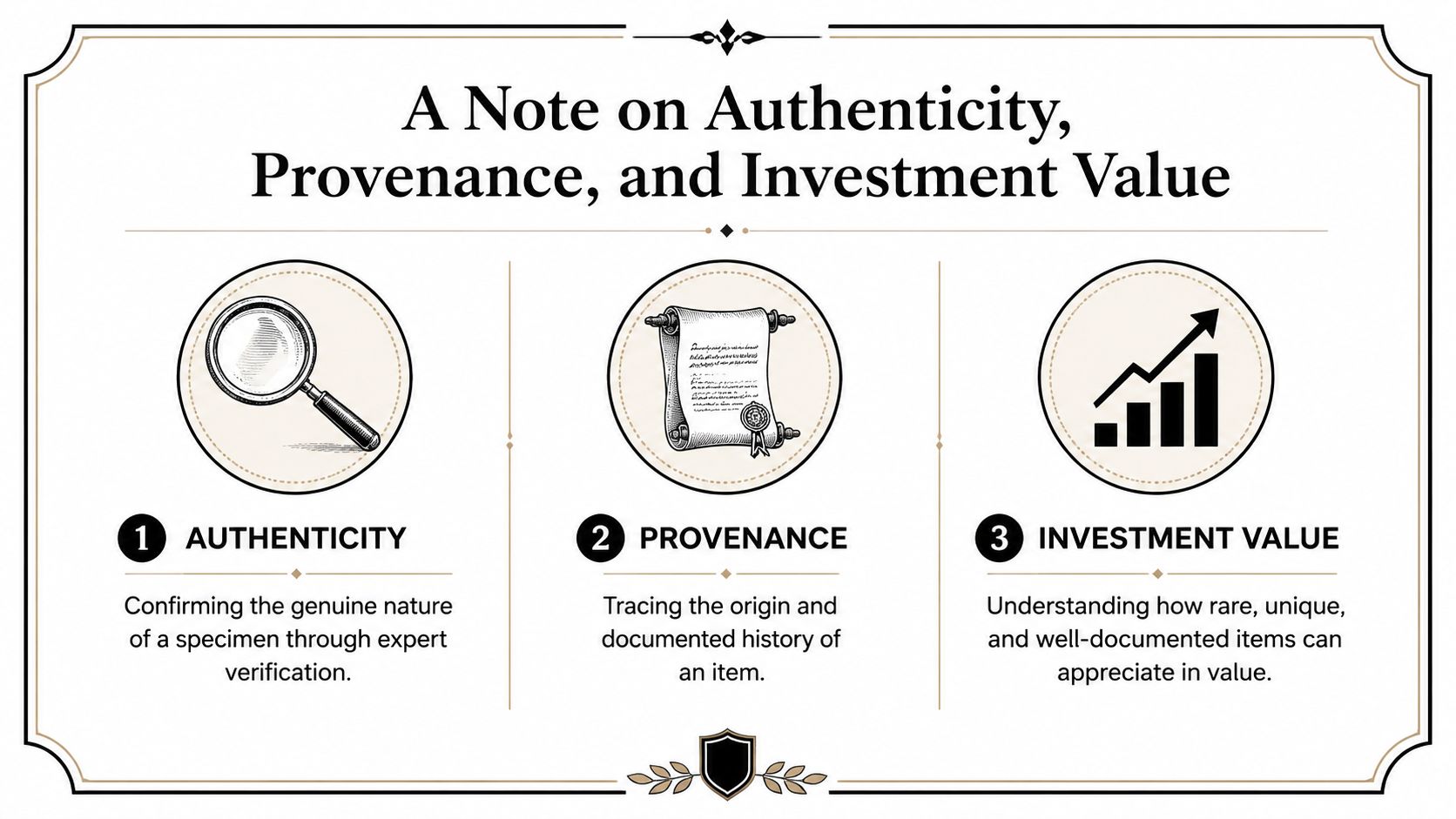 An infographic detailing the importance of authenticity, provenance, and investment value for collectible items.