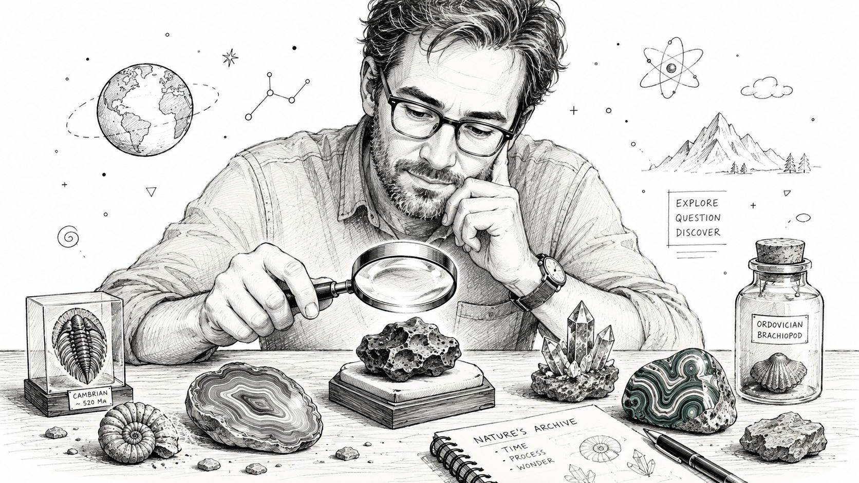 A scientist with glasses examines a rock using a magnifying glass surrounded by fossils and mineral specimens.