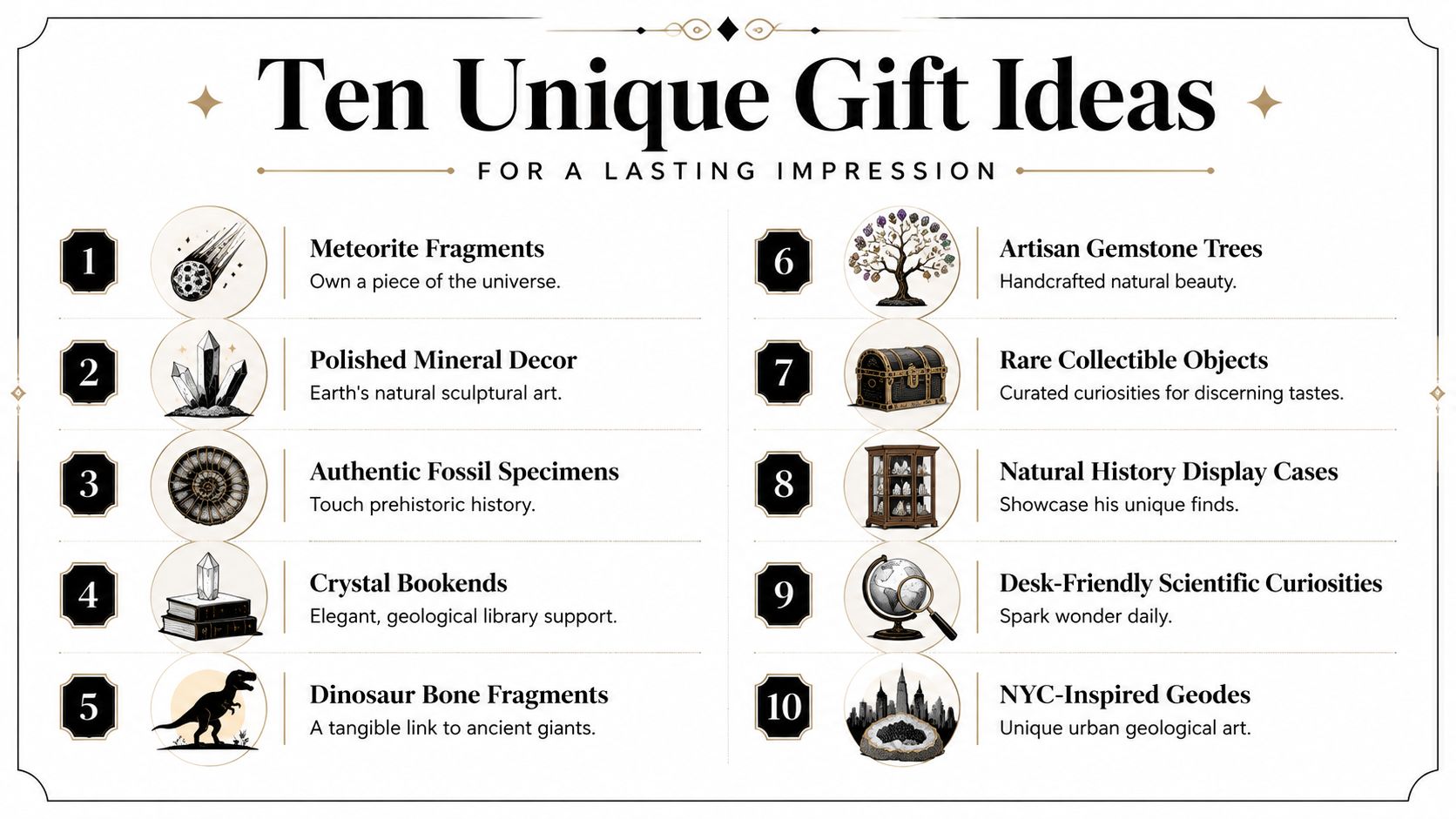An infographic titled Ten Unique Gift Ideas for a Lasting Impression featuring ten natural history-themed gifts.