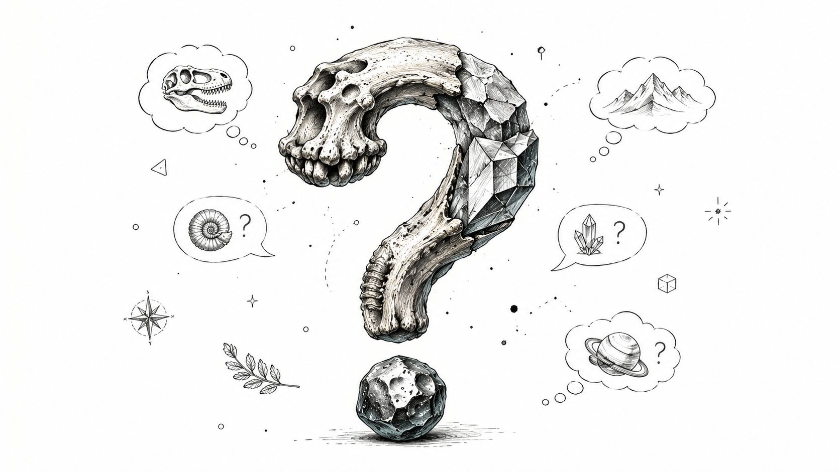 An artistic question mark shaped by fossilized bone and crystalline structures surrounded by scientific, geological, and astronomical icons.