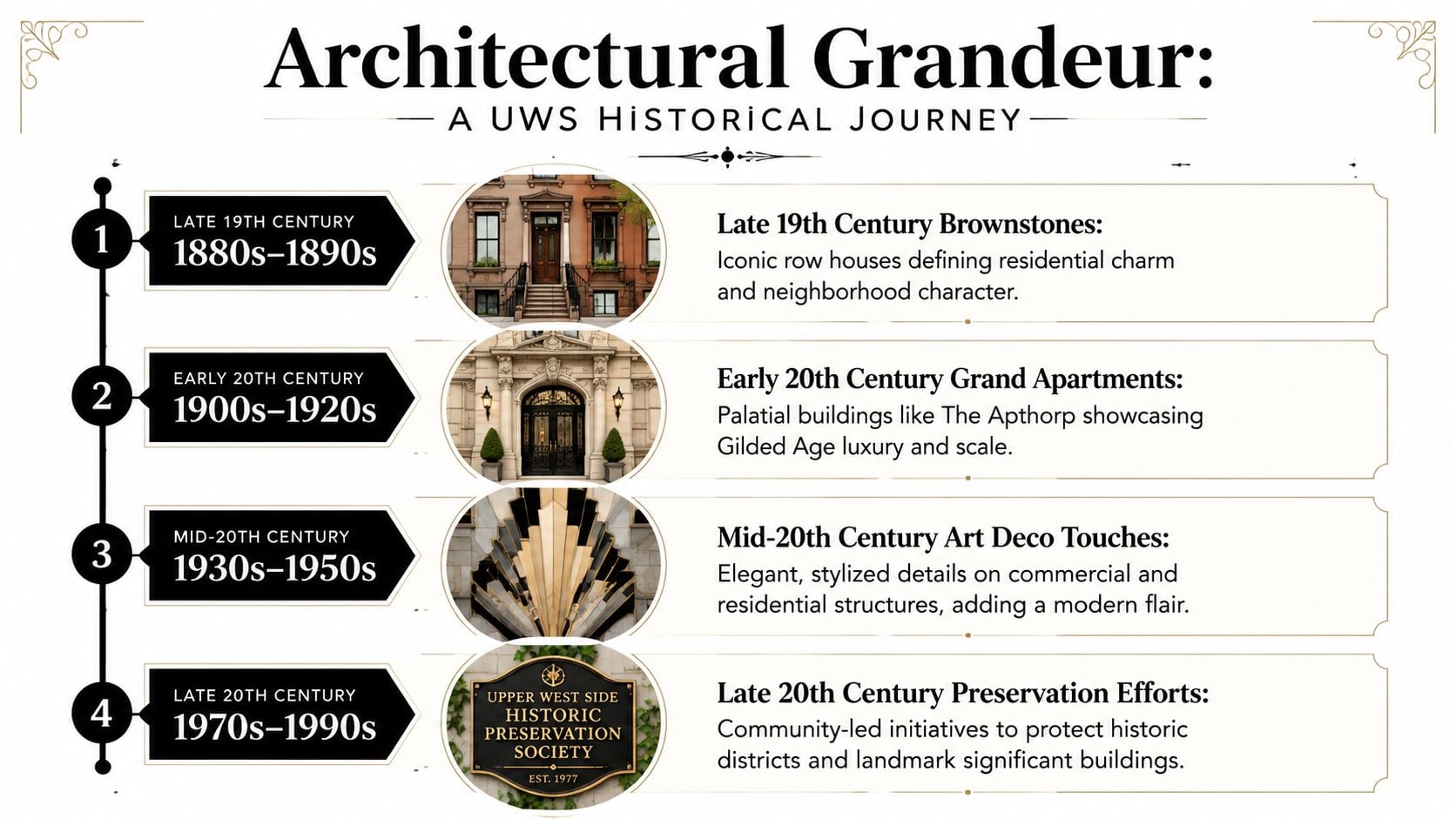 A timeline graphic showing four historical architectural periods of the Upper West Side of New York City.