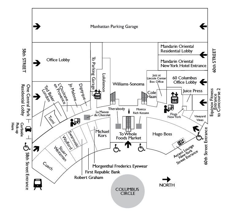 Black and white map of a shopping center with stores, lobbies, and street entrances near Columbus Circle.