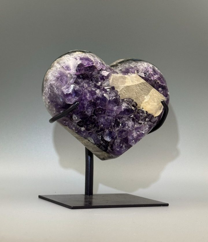 Uruguayan Amethyst Heart with Calcite on Custom Stand - Natural Crystal Decor