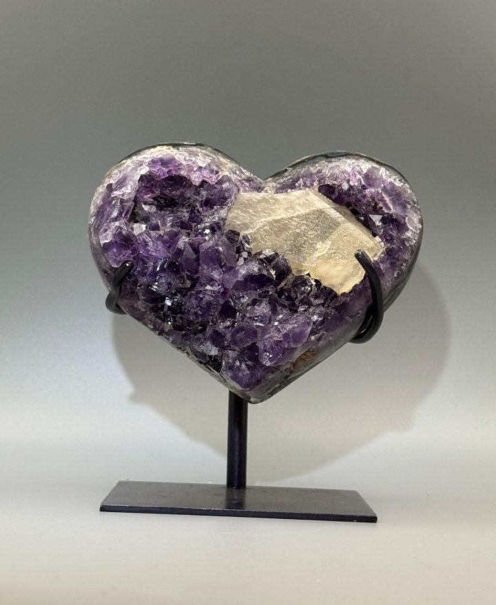 Uruguayan Amethyst Heart with Calcite on Custom Stand - Natural Crystal Decor