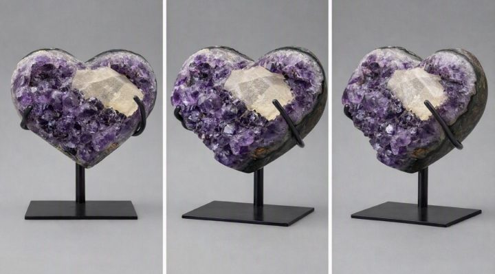 Uruguayan Amethyst Heart with Calcite on Custom Stand - Natural Crystal Decor