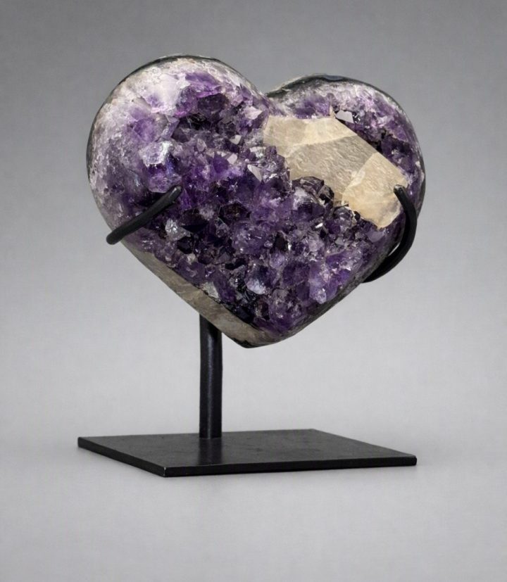 Uruguayan Amethyst Heart with Calcite on Custom Stand - Natural Crystal Decor