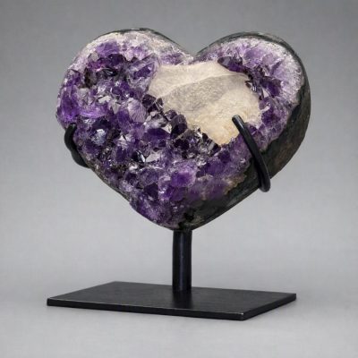 Uruguayan Amethyst Heart with Calcite on Custom Stand - Natural Crystal Decor