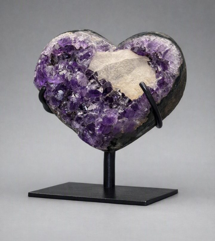 Uruguayan Amethyst Heart with Calcite on Custom Stand - Natural Crystal Decor