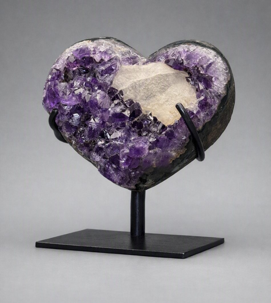 Uruguayan Amethyst Heart with Calcite on Custom Stand - Natural Crystal Decor
