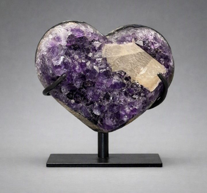 Uruguayan Amethyst Heart with Calcite on Custom Stand - Natural Crystal Decor