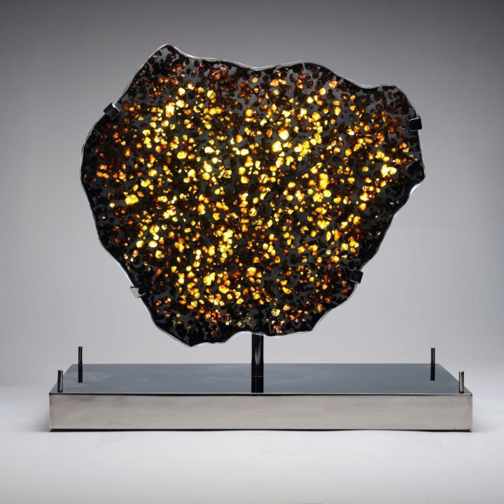 Brenham Pallasite Meteorite Slice on LED Display Stand | Authentic Space Rock