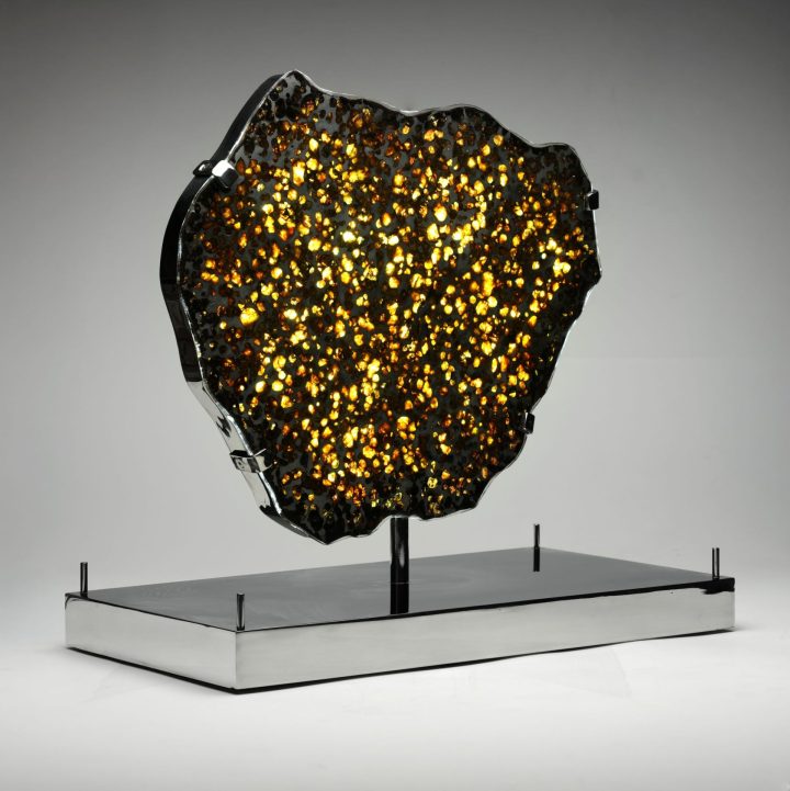 Brenham Pallasite Meteorite Slice on LED Display Stand | Authentic Space Rock