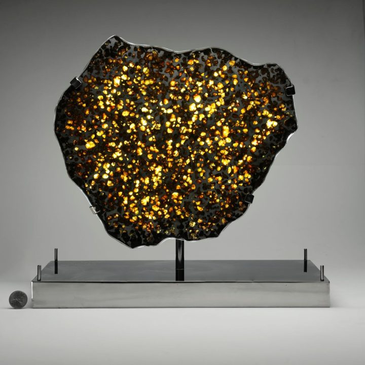 Brenham Pallasite Meteorite Slice on LED Display Stand | Authentic Space Rock