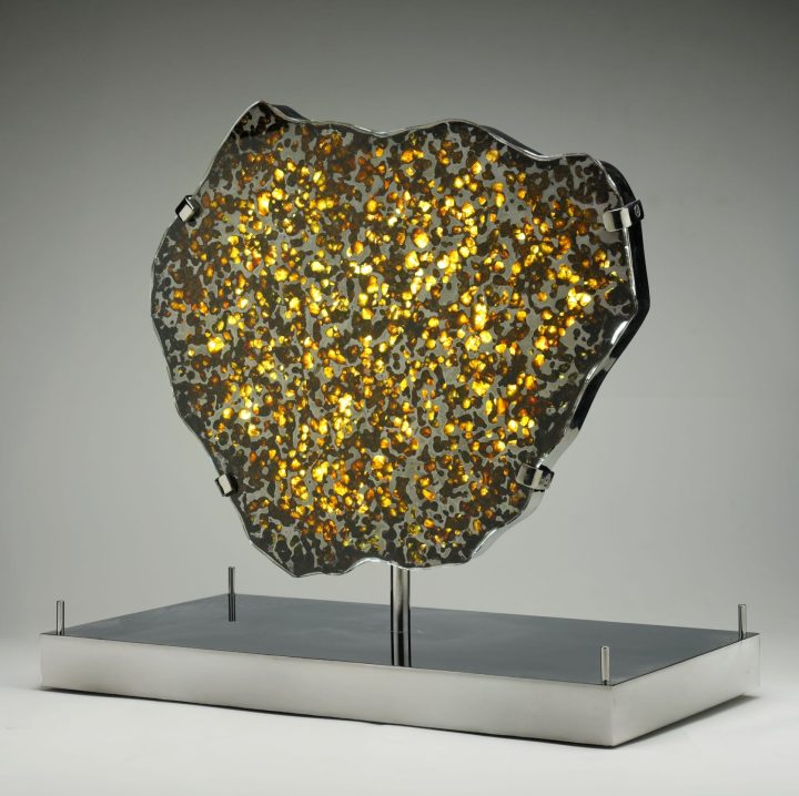Brenham Pallasite Meteorite Slice on LED Display Stand | Authentic Space Rock