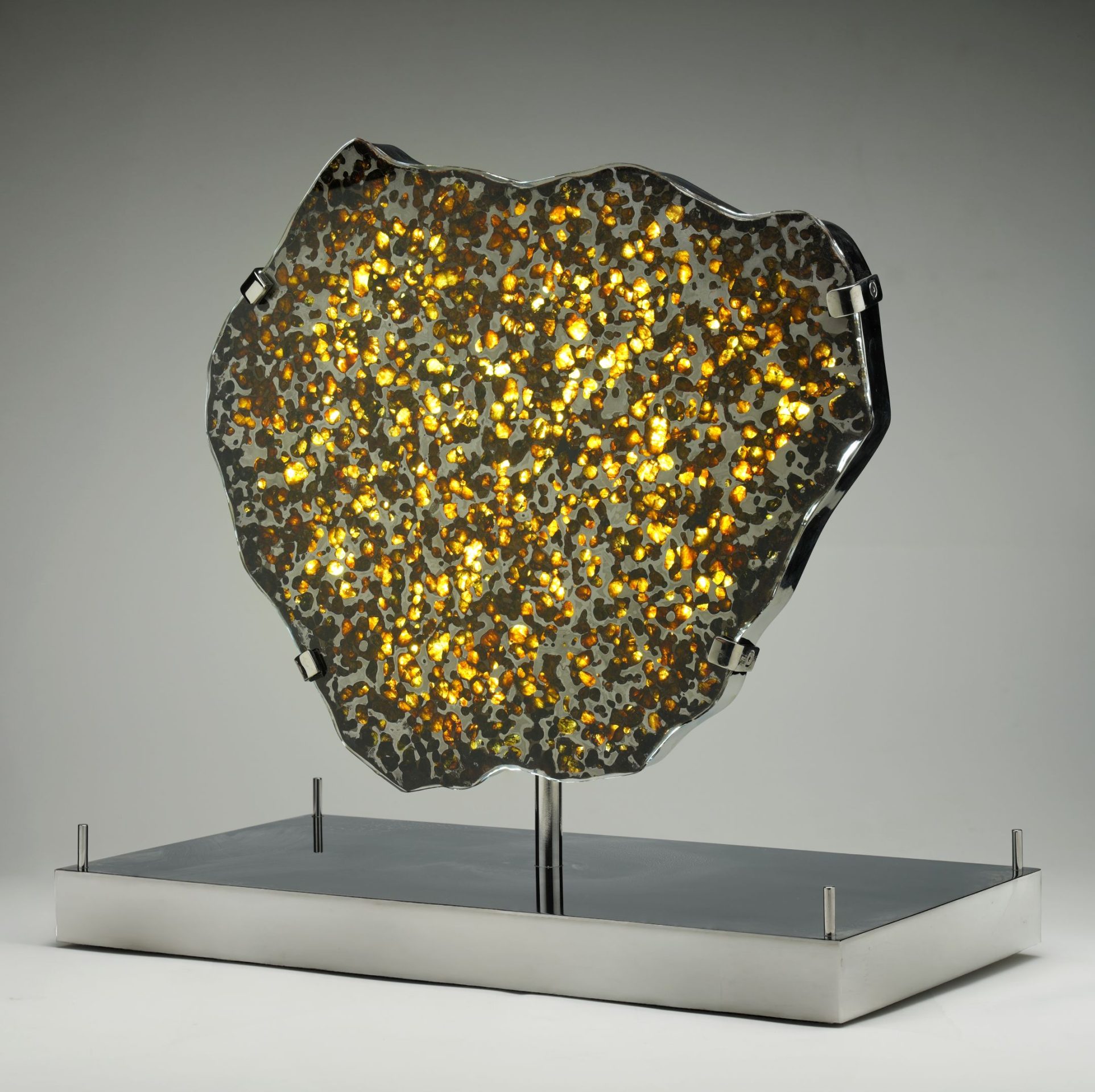 Brenham Pallasite Meteorite Slice on LED Display Stand | Authentic Space Rock