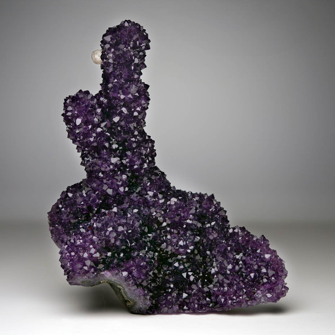 A large, vibrant purple amethyst crystal cluster with countless sparkling points and a white inclusion.