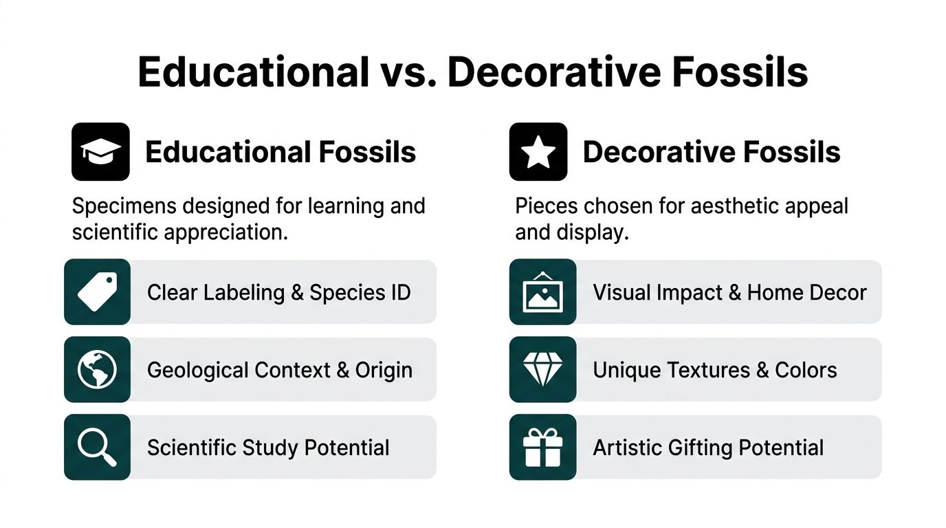 A comparison chart outlining the differences between educational fossils for study and decorative fossils for home decor.