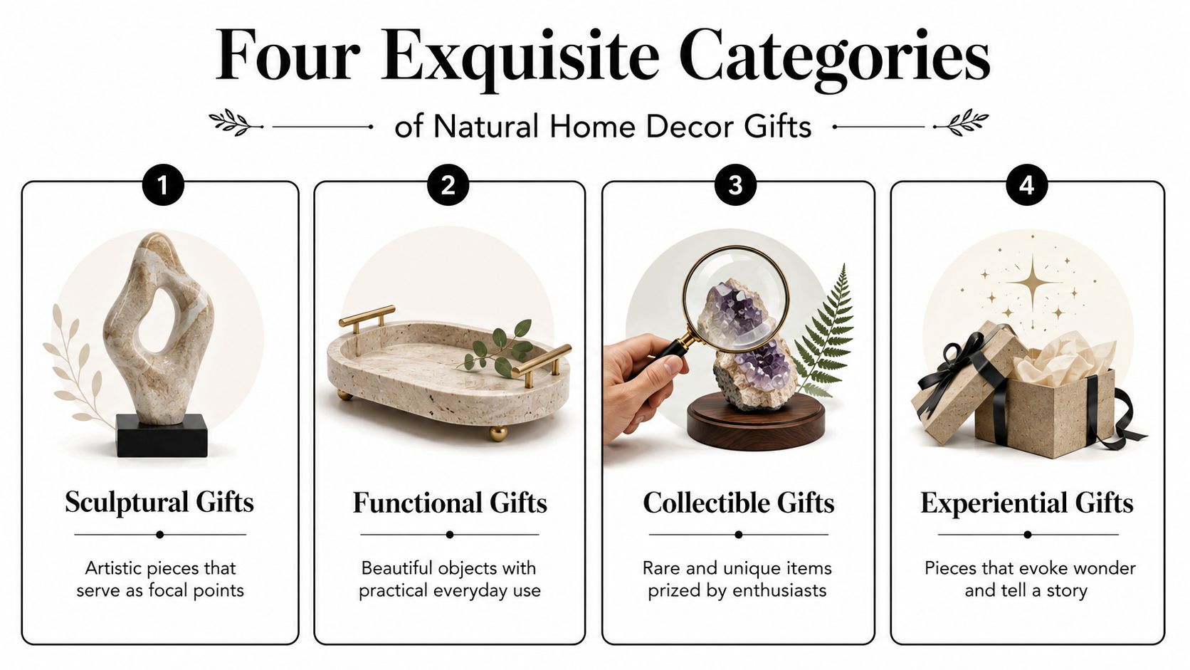 A visual guide outlining four exquisite categories of natural home decor gifts including sculptures, functional items, collectibles, and experiential pieces.