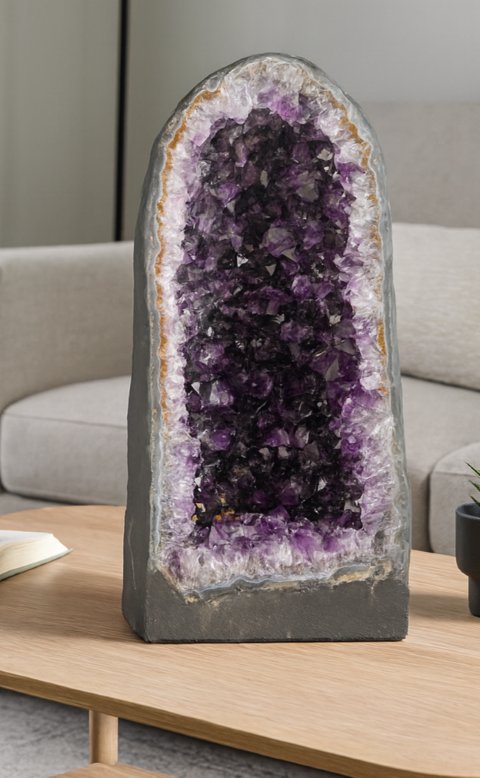 A sophisticated interior design sketch featuring a large amethyst geode centerpiece in a modern luxury living room.