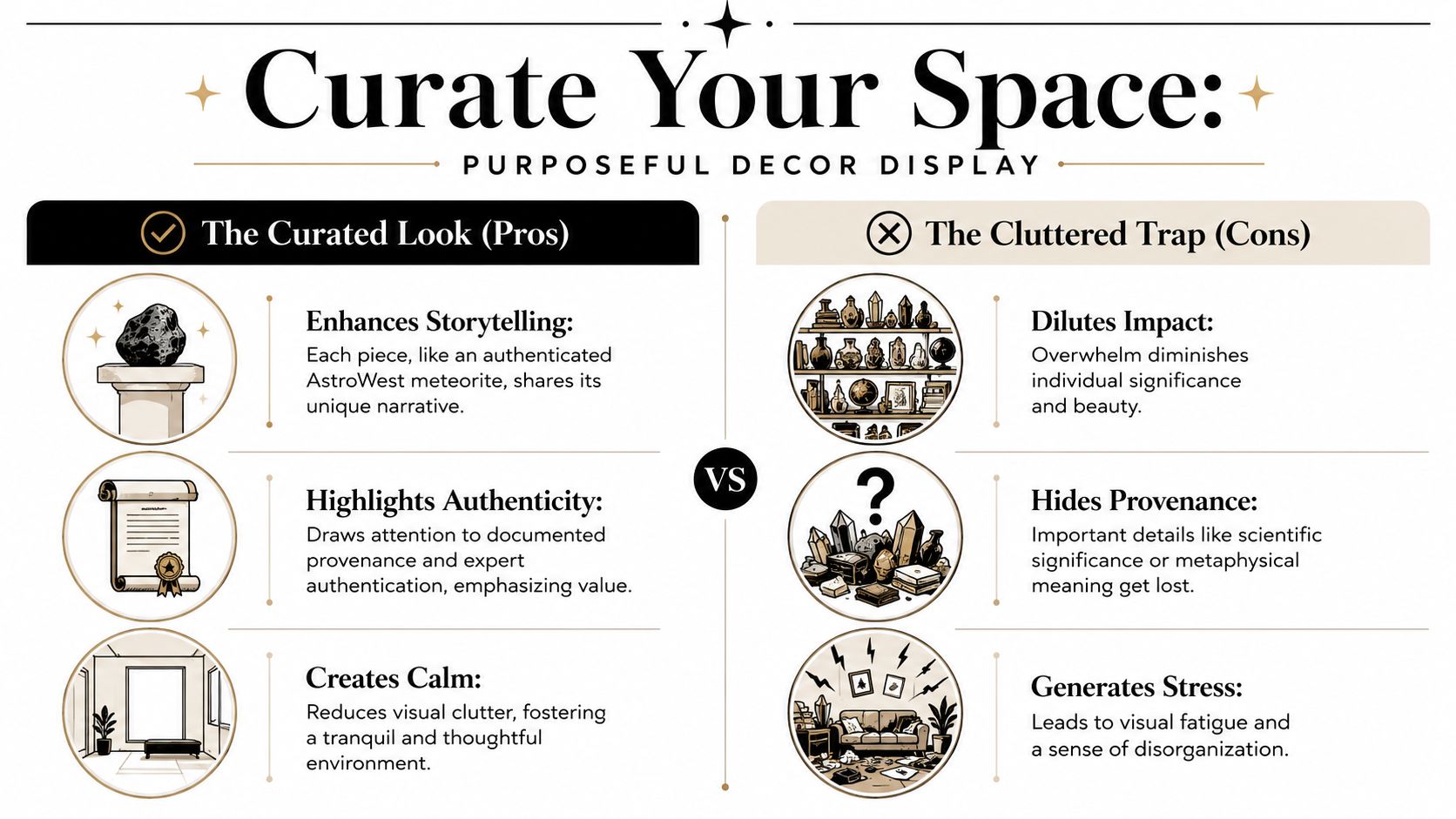 A comparison infographic showing the benefits of curated home decor versus the negative impact of clutter.
