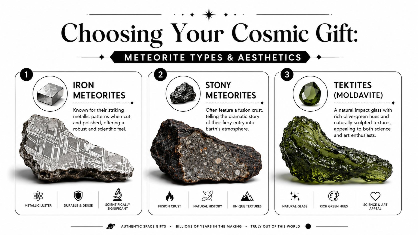 A visual guide explaining different types of meteorites including iron, stony, and tektites for gift selection.