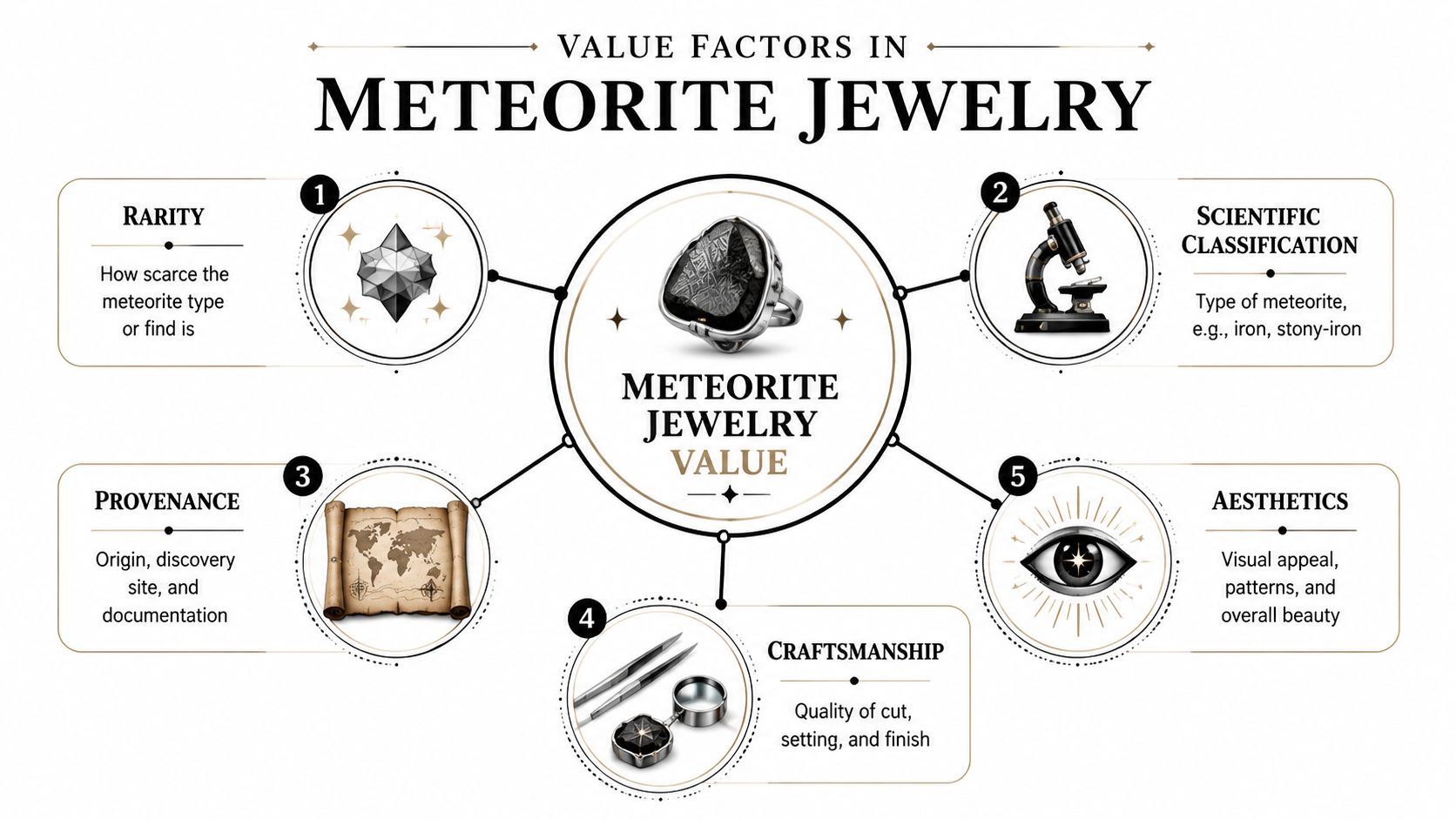 An infographic titled Value Factors in Meteorite Jewelry highlighting five key elements determining its market worth.