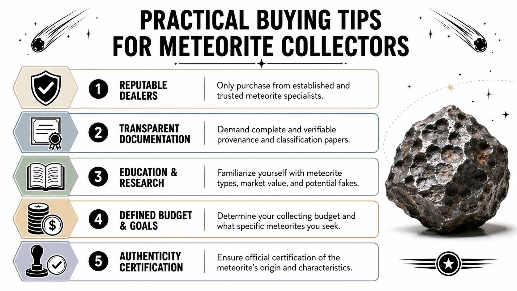 An infographic featuring five practical buying tips for meteorite collectors displayed next to an image of a meteorite.