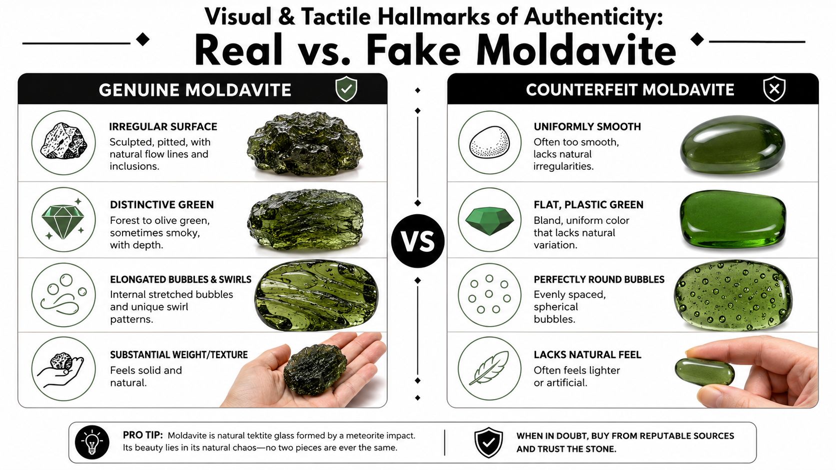 A comparison chart showing visual differences between genuine natural moldavite and counterfeit glass moldavite replicas.