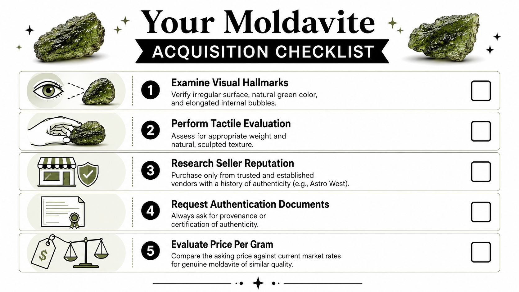 A checklist graphic providing five essential steps for verifying the authenticity of Moldavite gemstones when purchasing.