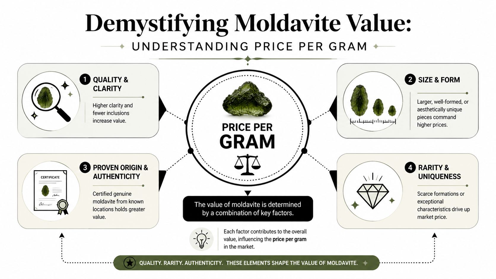 An infographic titled Demystifying Moldavite Value explaining the four key factors that determine its price per gram.